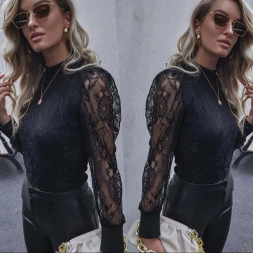 Women’s long sleeve l Black Floral Lace Top - Picture 3 of 5